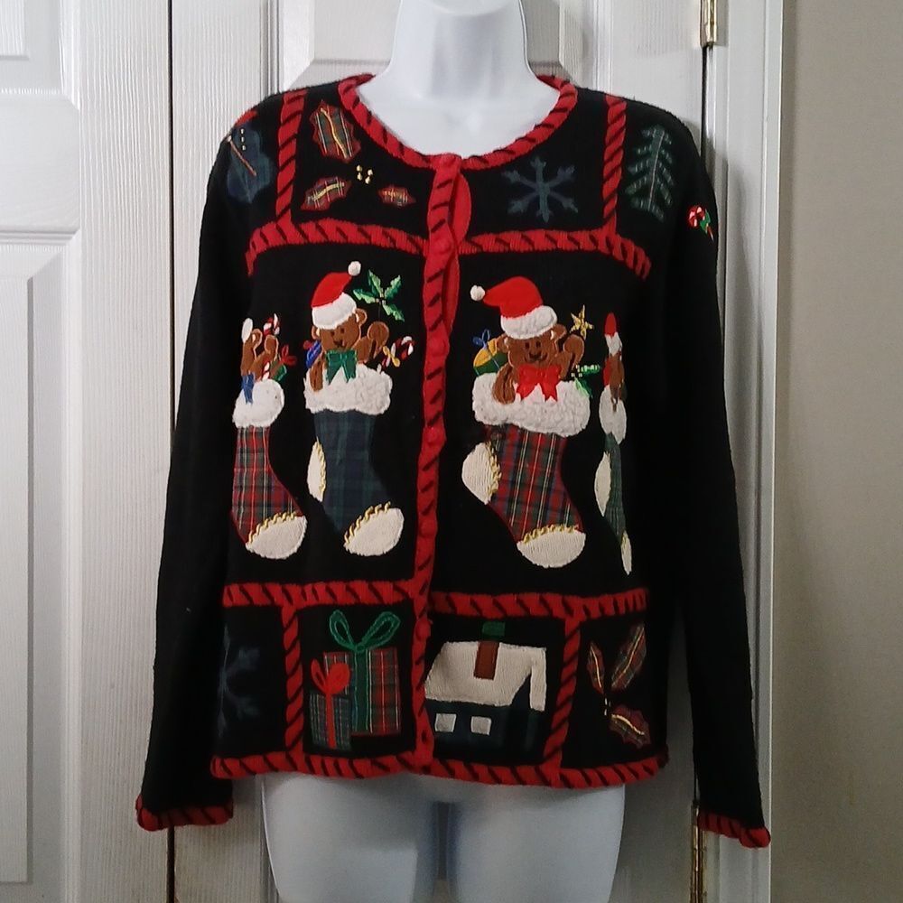 Christmas vintage bear stocking candy cane ugly sweater party cardigan Sz S